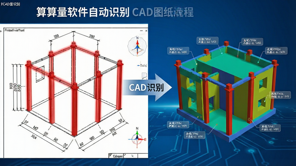 主体:算算量软件自动识别CAD图纸的过程,左侧为原始CAD线条图,右侧为生成的三维彩色模型。布局:左右分屏对比展示,中间有箭头指示转换流程。排版:图纸线条清晰,模型色彩分明,标注文字“CAD识别”。风格:简洁专业,蓝色科技背景。细节:图纸上有红色高亮标记识别出的墙柱,模型上显示构件属性标签。画质:高清晰度,画面干净无杂乱元素。