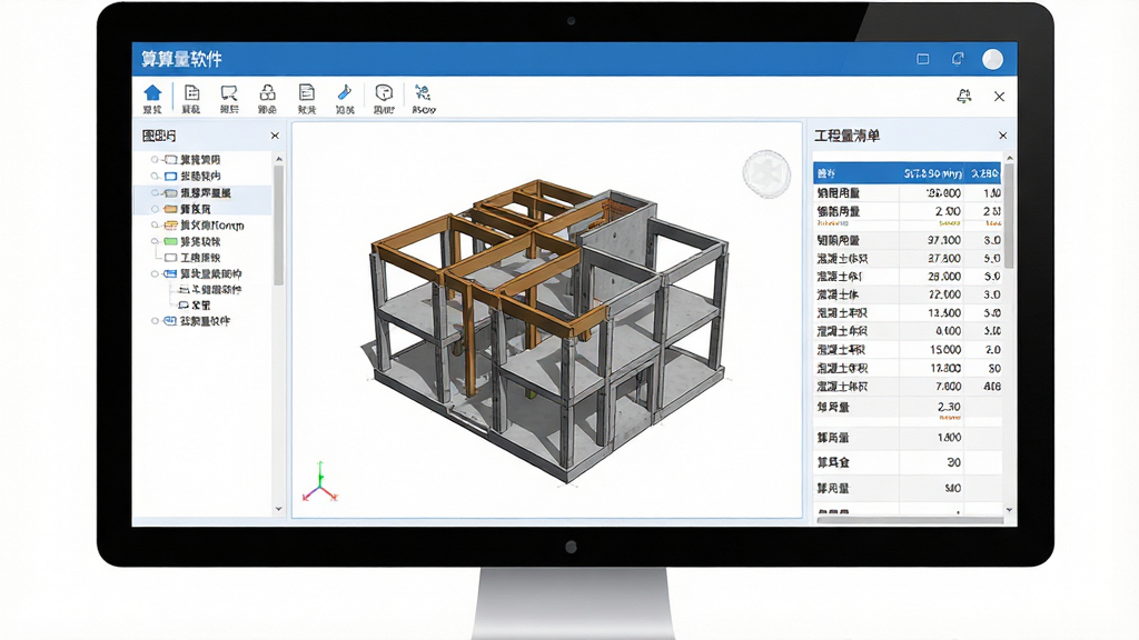 主体:算算量软件界面展示,电脑屏幕上显示三维建筑模型与算量数据表格。布局:左侧为图纸图层列表,中间为三维模型视口,右侧为工程量清单面板。排版:界面简洁清晰,各功能区块分明,工具栏图标整齐排列。风格:现代科技感,蓝白主色调,扁平化设计。细节:模型显示梁板柱结构,数据表格中有钢筋用量与混凝土体积数字。画质:高清渲染,画面干净无多余元素。