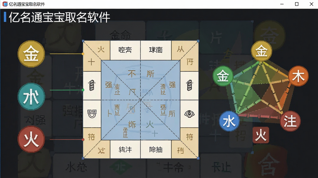 一张俯视视角的电脑软件界面截图预览图,主题为“亿名通宝宝取名软件”的八字排盘功能,画面中央是一个清晰的八字命盘表格,旁边用彩色图标标示出五行金木水火土的强弱分布,整体布局专业且数据可视化,风格扁平化设计,细节丰富,画质清晰,无多余元素。