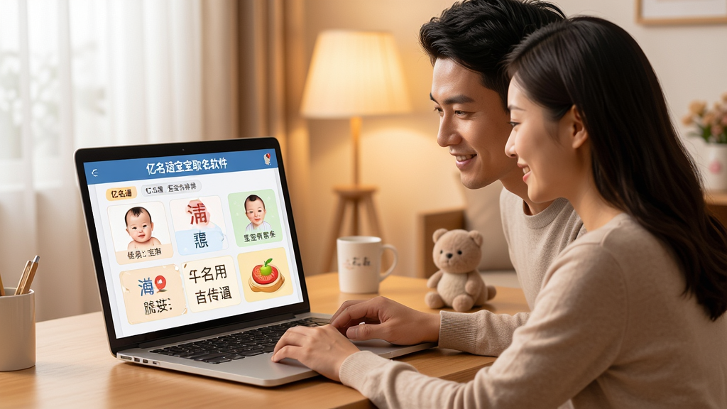 一张温馨的室内场景图,一位年轻的中国父母正在使用笔记本电脑查看“亿名通宝宝取名软件”,屏幕上显示着宝宝的名字分析结果和吉祥寓意,画面整体采用暖色调,布局清晰,风格写实温馨,细节包括电脑屏幕上的“亿名通宝宝取名软件”界面,画质高清,干净无多余元素。