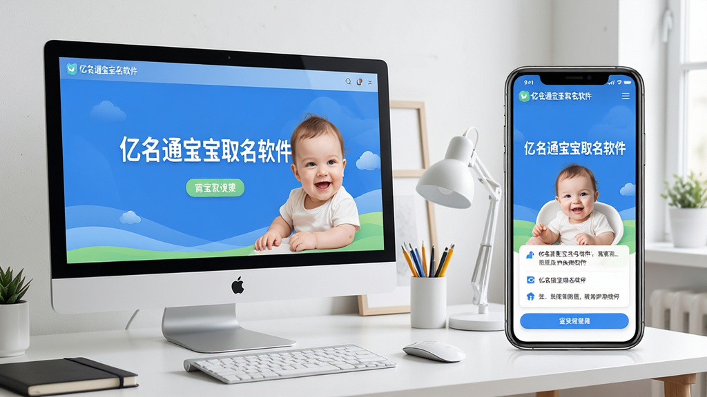 一张展示“亿名通宝宝取名软件”在PC电脑和智能手机上同时运行的对比图,左边是电脑端界面清晰完整,右边是手机端界面简洁紧凑,背景是干净的工作台,风格专业整洁,细节丰富,画质高清,无多余元素。