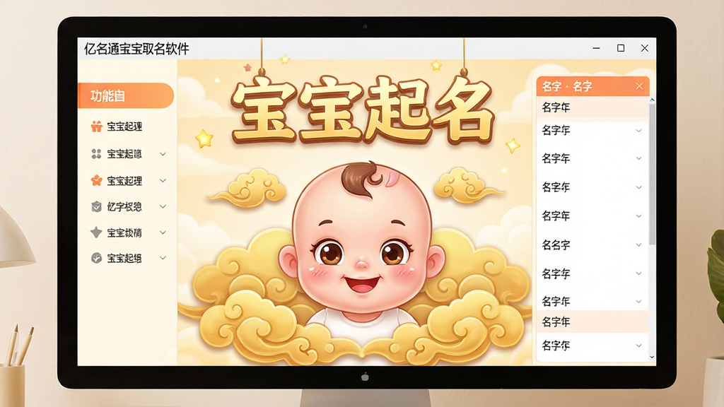 画面主体为“亿名通宝宝取名软件”的电脑端操作界面,界面中央展示一个可爱的宝宝卡通头像和金色祥云背景,上方悬浮着“宝宝起名”四个大字,界面布局清晰,左侧为功能菜单,右侧为名字列表,整体风格温馨明亮,色彩柔和,细节丰富,画质高清,干净无多余元素