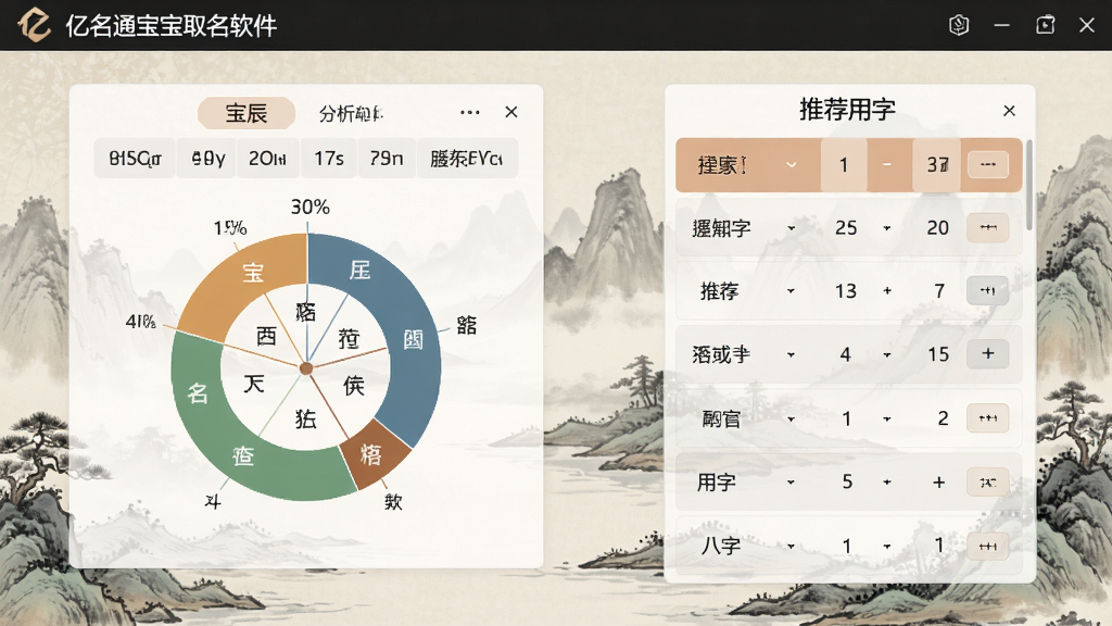 画面主体为“亿名通宝宝取名软件”的八字分析界面,左侧显示宝宝的生辰八字与五行统计饼图,右侧为推荐用字列表,背景为古风山水画风格,整体布局对称,排版清晰,风格雅致,细节丰富,画质高清,干净无多余元素
