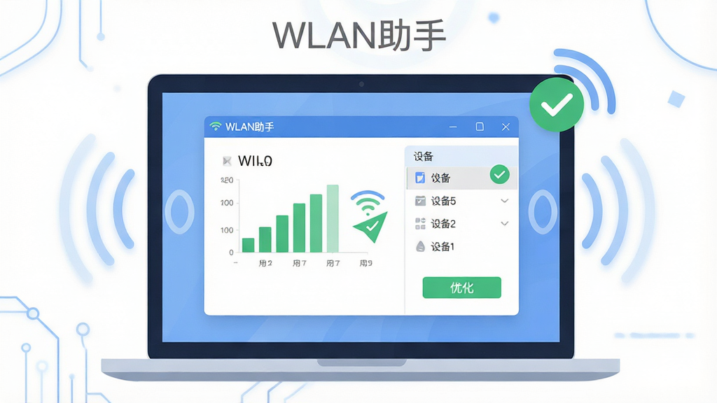 一幅现代科技感的主视觉图,主体是笔记本电脑屏幕中显示WLAN助手软件界面,界面中有信号强度图表、设备列表和优化按钮,布局居中,排版简洁,风格扁平化插画,细节包括无线信号波纹和绿色对勾图标,画质清晰干净,无多余元素,图片中文字标注“WLAN助手”
