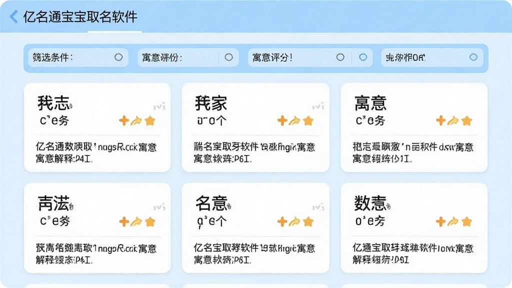 画面主体为“亿名通宝宝取名软件”的名字推荐列表页面,界面以浅蓝色为主色调,上方为筛选条件栏,下方为名字卡片列表,每张卡片上显示名字、拼音、评分和寓意解释,整体布局整齐,风格清新,细节丰富,画质高清,干净无多余元素
