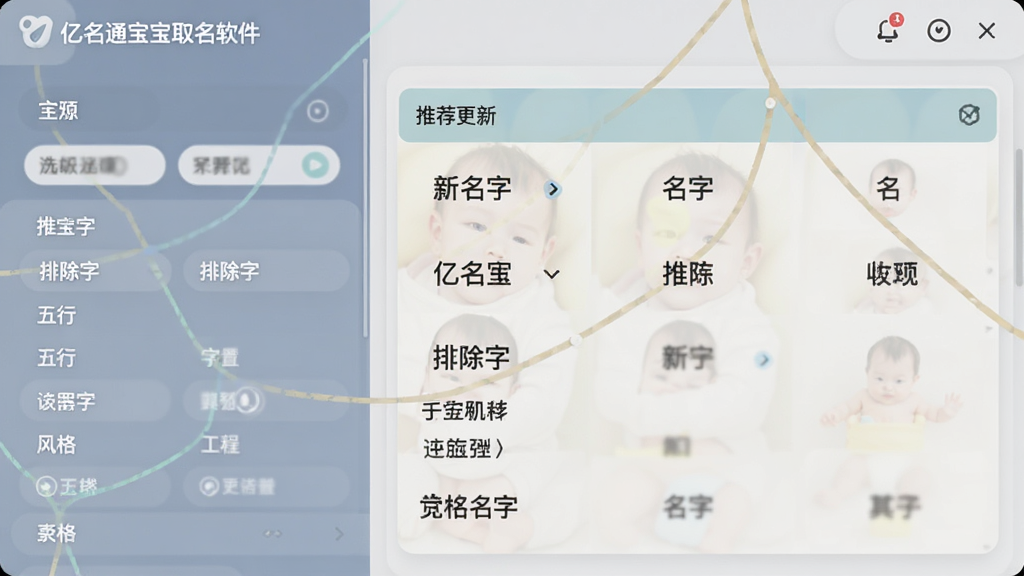 画面主体为“亿名通宝宝取名软件”的偏好设置界面,界面左侧为设置选项,包含包含字、排除字、五行、风格等,右侧为实时更新的推荐名字预览,整体风格简约现代,布局清晰,色彩淡雅,细节丰富,画质高清,干净无多余元素