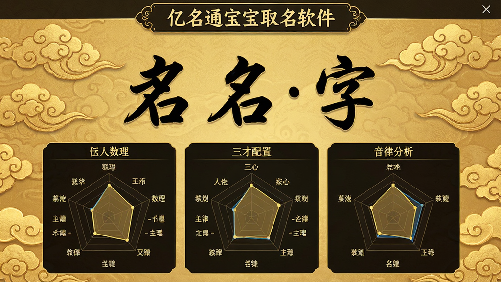 画面主体为“亿名通宝宝取名软件”的名字评分详情页面,中央显示一个名字的大字书法效果,下方为五格数理、三才配置、音律分析等评分雷达图,背景为金色祥云纹理,整体布局庄重,排版有序,风格古典,细节丰富,画质高清,干净无多余元素