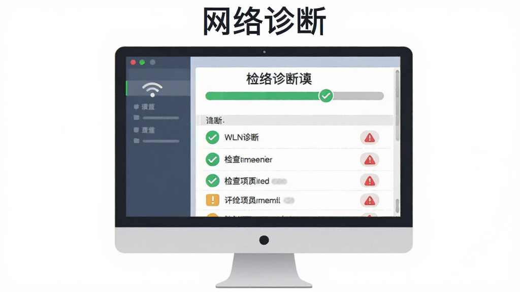 展示WLAN助手网络诊断功能的插画,主体为电脑屏幕中显示诊断进度条和检查项列表,布局纵向排列,风格简洁商务,细节有绿色勾选和红色警告图标,画质清晰,图片中文字标注“网络诊断”