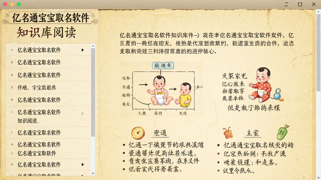 画面主体为“亿名通宝宝取名软件”的知识库阅读界面,左侧为文章目录,右侧为文章正文,正文中穿插图表和示例,背景为淡黄色纸张纹理,整体布局传统,排版清晰,风格古雅,细节丰富,画质高清,干净无多余元素