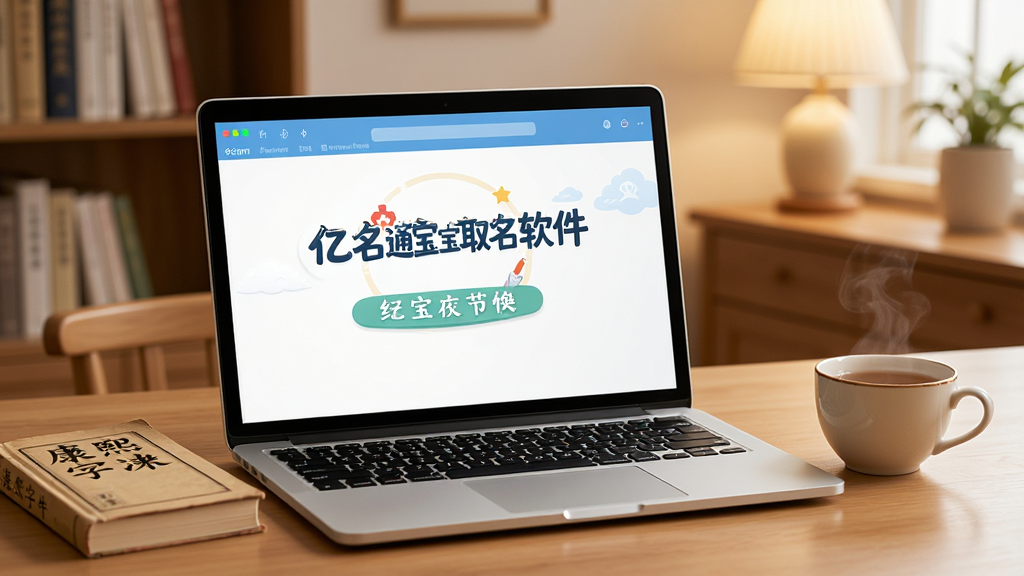 画面主体为“亿名通宝宝取名软件”在笔记本电脑上运行的实拍场景,旁边放着一本《康熙字典》和一杯热茶,背景为温馨的书房环境,整体风格写实,细节丰富,画质高清,干净无多余元素