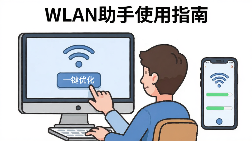 一张展示WLAN助手使用步骤的插画,主体为电脑屏幕前用户点击“一键优化”按钮,旁边有手机同步显示,布局左右呼应,风格卡通扁平,细节有WiFi信号和进度条,画质干净,图片中文字标注“WLAN助手使用指南”