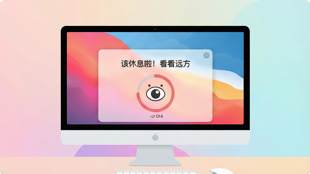 一张展示眼睛护士提醒功能的界面截图风格插画,主体为电脑桌面,屏幕中央弹出一个半透明的护眼提示卡片,卡片上写着“该休息啦!看看远方”,并配有倒计时圆环和卡通眼睛图标,桌面背景为柔和的渐变色,整体排版干净,风格简约现代,画质清晰,无多余元素。