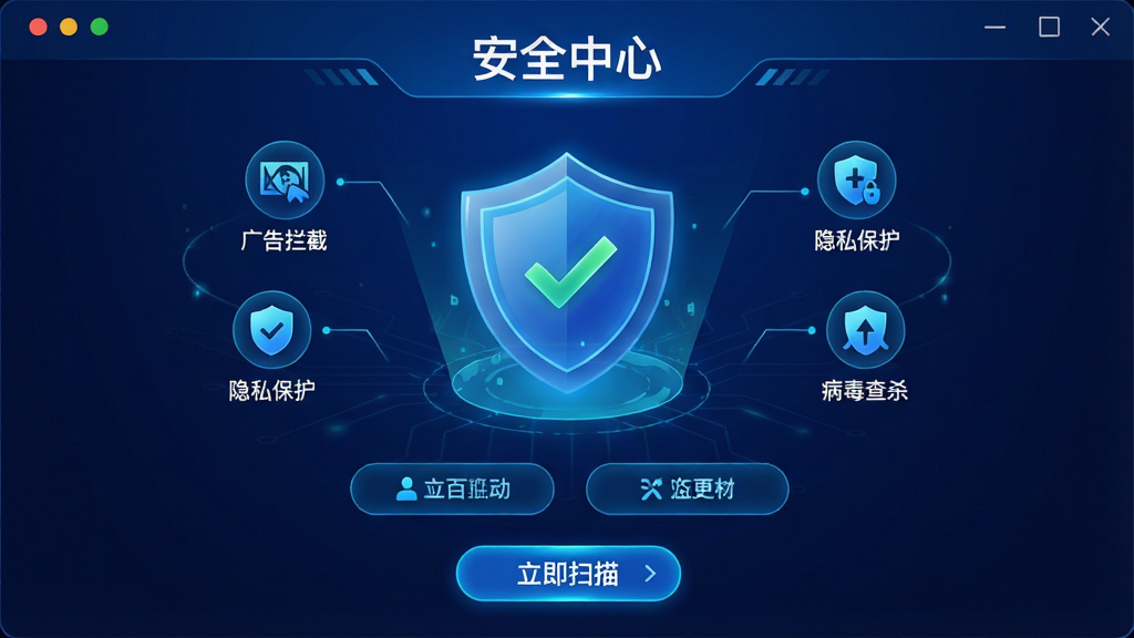主体:娱乐浏览器的安全防护界面,一个盾牌图标位于屏幕中央,周围环绕各种安全功能选项。布局:居中构图,盾牌图标突出,下方排列功能按钮。排版:顶部为“安全中心”标题,底部为“立即扫描”按钮。风格:科技感,深蓝色背景,图标发光。细节:盾牌上打勾,周围有“广告拦截”“隐私保护”“病毒查杀”等图标。画质:高清渲染,干净整洁。