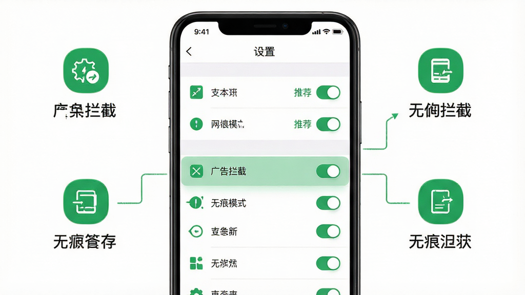 主体:娱乐浏览器的使用教程界面,手机屏幕展示设置菜单,高亮显示“广告拦截”“无痕模式”等选项。布局:屏幕居中,周围有操作步骤说明图标。排版:顶部为“设置”标题,下方为功能列表。风格:简约清爽,背景为白色,图标为绿色。细节:每个选项右侧有开关按钮,部分选项标有“推荐”字样。画质:清晰干净,无多余元素。