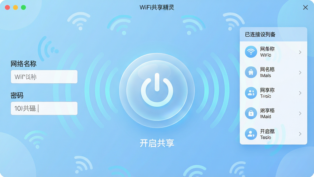 ���壺WiFi�������������������棬��ʾһ������Բ�ε�Դ��ť����Χ������WiFi�źŲ���ͼ�ꡣ���֣�������й�ͼ����ťλ�ڻ������ģ������ʾ���������ơ��͡����롱������Ҳ���ʾ�������豸�б����Ű棺���ı�ƽ����Ʒ�񣬰�ť�·��С���������������������Ϊǳ��ɫ���䡣��񣺿Ƽ������ִ��н�ϣ�ɫ������������ϸ�ڣ���ť���ְ�͸���ʸУ�����΢���ķ���Ч�����źŲ��Ƴʶ�̬��ɢ״���������������ɶ������ʣ�������Ⱦ���ɾ����޶���Ԫ�ء�