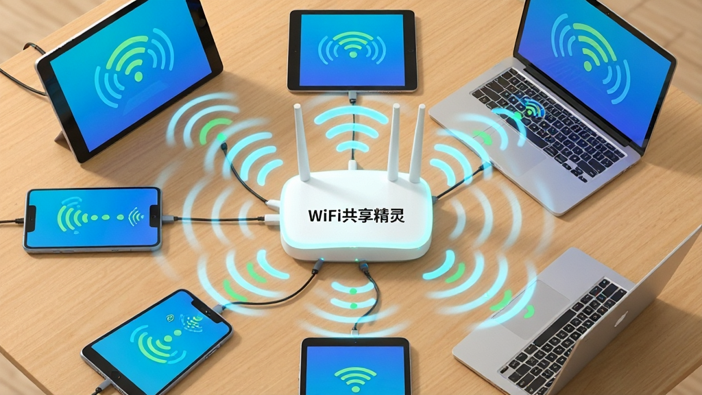 ���壺��̨�豸�������ֻ���ƽ����ԡ��ʼǱ����ԣ�ͬʱ����WiFi���������ȵ�ĳ��������֣��豸Χ��һ�������WiFi·�����ڷţ�·�����ϱ�ע��WiFi�������顱�������Ű棺���ӽǶȣ��豸�ʻ������У�WiFi�źŴ�����������ɢ�����3D��Ⱦ���ɫ�����졣ϸ�ڣ�ÿ̨�豸��Ļ�϶���ʾ�����������ͼ�꣬�źŲ��������ɼ�������Ϊ��Լ��ľ�����档���ʣ�������Ⱦ���ɾ����޶���Ԫ�ء�