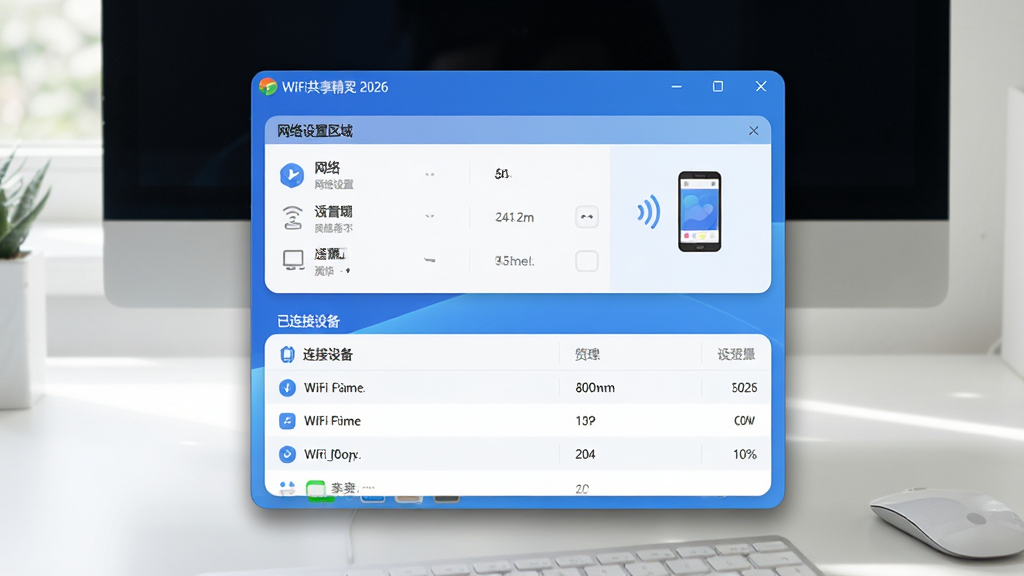 ���壺WiFi���������ڵ��������еĽ�ͼ�������Ǹɾ������棬�������ھ�����ʾ�����֣����ڷ�Ϊ���������֣��Ϸ�Ϊ�������������·�Ϊ�������豸�б����Ű棺���ڲ���Բ����ƣ�ɫ��������Ϊ�������дʵ��UI��ϣ�������Ȼ��ϸ�ڣ����ڱ�������ʾ��WiFi�������� 2026����һ���ֻ�ͼ���������ӣ������е�������ӰЧ�������ʣ����壬�ɾ����޶���Ԫ�ء�
