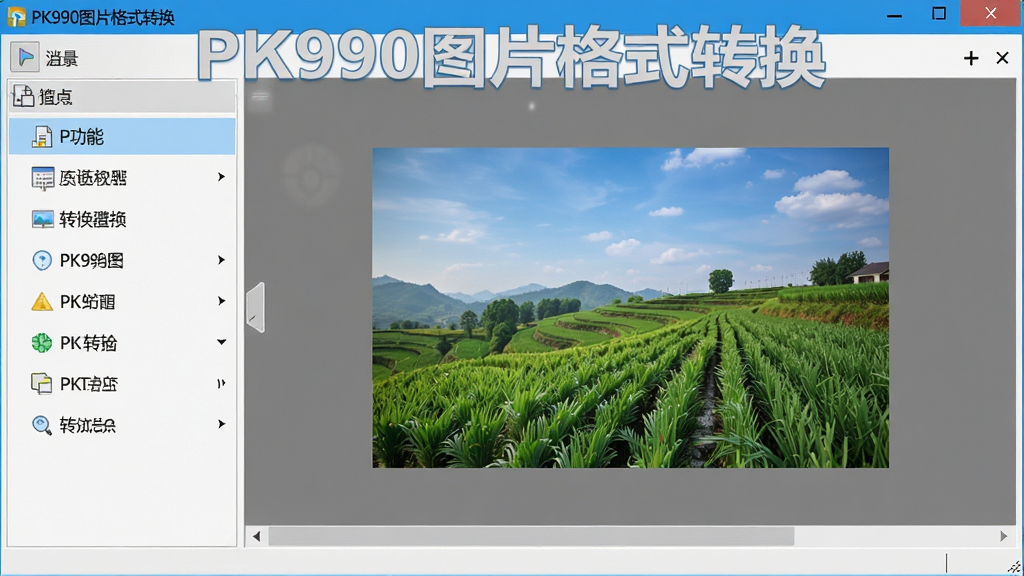 一张展示PK990图片格式转换软件主界面的高清截图,界面布局清晰,左侧是功能列表,右侧是图片预览区,整体风格简洁现代,色彩明快,画质细腻,干净无多余元素,软件名称“PK990图片格式转换”醒目显示在窗口顶部。