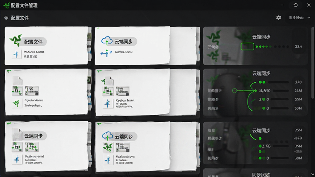 主体为炼狱蝰蛇驱动软件的配置文件管理界面,布局为列表式,排版整齐,风格为简洁深色UI,界面显示多个配置文件卡片与同步状态,细节标注“配置文件”与“云端同步”,画质高清,干净无多余元素