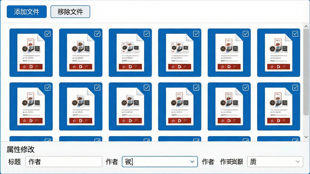 主体:软件批量处理界面,多个PDF文件缩略图排列;布局:文件列表上方有“添加文件”“移除文件”按钮,下方为属性修改区;排版:网格状缩略图配合底部统一属性栏;风格:商务简洁风格,蓝白配色;细节:每个缩略图右上角有勾选标记,属性栏包含“标题”“作者”等标签;画质:清晰、专业、无多余元素