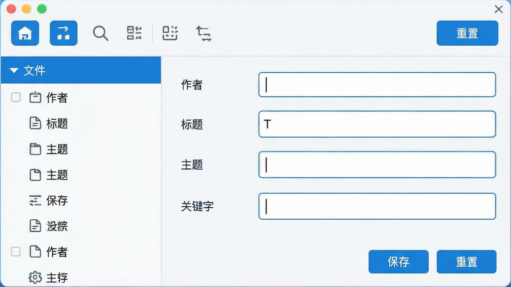 主体:软件主界面展示PDF文件属性编辑面板;布局:左侧为文件列表,右侧为属性字段填写区,顶部为工具栏;排版:清晰的分栏式布局,功能按钮醒目;风格:现代简约的扁平化设计,蓝色主色调;细节:包含“作者”“标题”“主题”“关键字”等输入框,以及“保存”“重置”按钮;画质:高清、干净、无多余元素