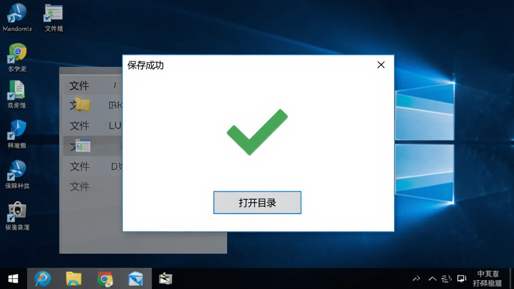 主体:软件运行在Windows桌面,展示保存成功提示;布局:界面中央有绿色对勾图标,下方有“打开目录”按钮;排版:居中弹窗样式;风格:清爽的提示框设计;细节:弹窗标题“保存成功”,文件列表变灰;画质:清晰、简洁、无多余元素