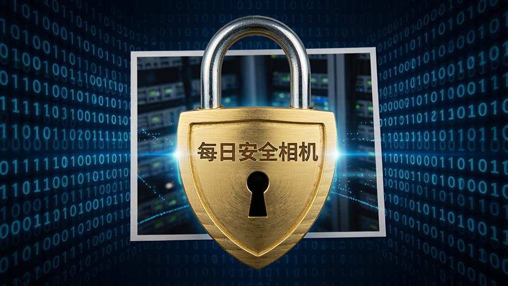 主体为一张照片文件被一把金色盾牌形状的锁具保护着的视觉图,锁具表面刻有“每日安全相机”字样,背景为抽象的二进制数字流动图案,布局居中,排版简洁,风格科技感强,细节展现锁具纹理与数字光效,画质清晰,干净,无多余元素。