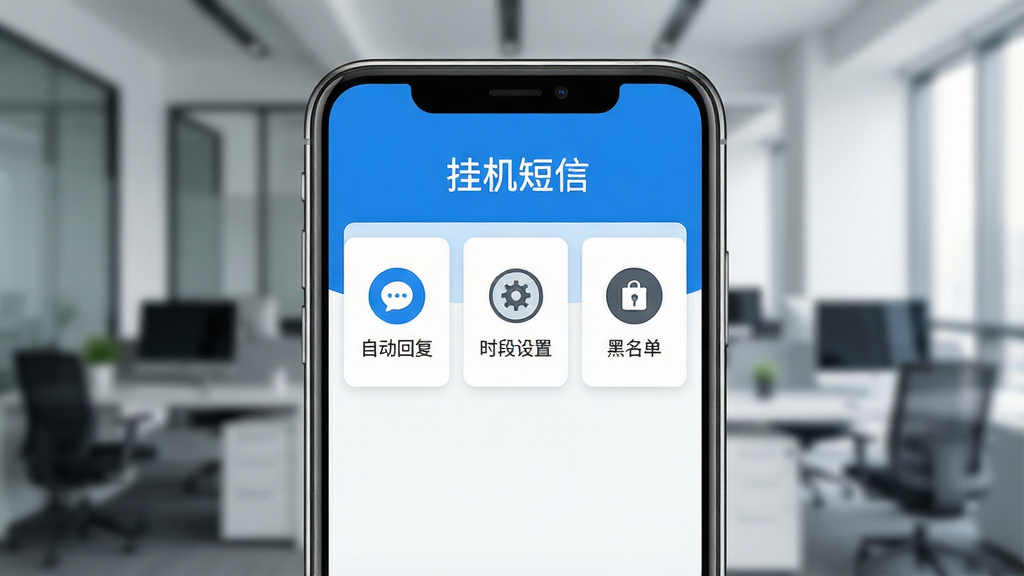 一张智能手机屏幕特写,屏幕中央显示挂机短信APP主界面,背景为模糊的商务办公环境,界面布局清晰,顶部有“挂机短信”字样,下方展示“自动回复”“时段设置”“黑名单”等模块图标,整体风格简洁现代,色彩以蓝白为主,画质高清,干净无多余元素