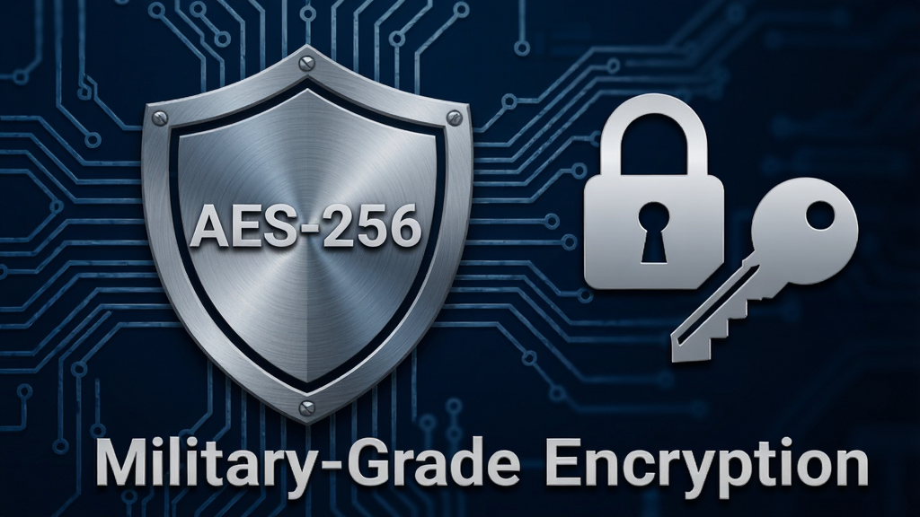 ���壺һ������ͼ�꣬���������С�AES-256�������������ǵ�·�����������֣�����λ�ڻ�������ƫ���Ҳ������κ�Կ�׵�ͼ�ꡣ�Ű棺ͼ���·��С�Military-Grade Encryption����Ӣ�ı�ע�����Ӳ�ʡ��Ƽ���ǿ��ϸ�ڣ����ƴ��н�����˿�ʸУ���·��������������ɫ����������ɫΪ�������ʣ�������Ⱦ���ɾ����޶���Ԫ�ء�
