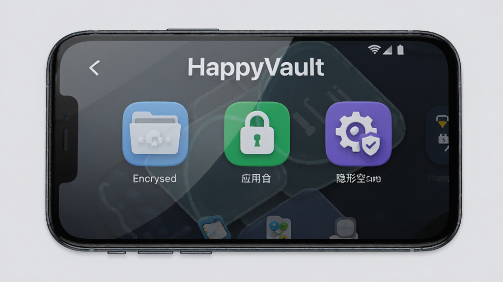 ���壺һ���ֻ���Ļ��ʾHappyVault�������棬�����м����ļ��С�Ӧ���������οռ��ͼ�ꡣ���֣��ֻ�λ�ڻ������룬����Ϊ����ɫ���ֻ���Ļ���������ɼ����Ű棺���涥���С�HappyVault���������·��й���ͼ�����С���񣺼�ࡢʵ�á�ϸ�ڣ�ͼ�����Բ��ɫ����������Ļ����΢���⡣���ʣ�������Ⱦ���ɾ����޶���Ԫ�ء�