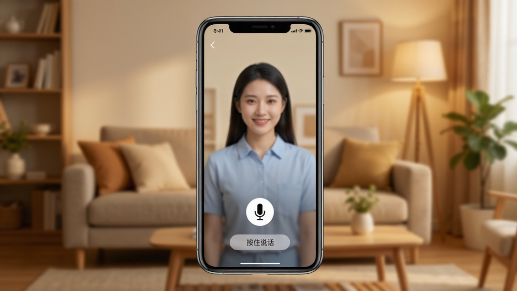 呼呼扣双向语音对讲功能展示,画面中央是家长手机界面,下方有麦克风图标和“按住说话”按钮,背景是客厅环境,暖色调,布局居中,风格简约,细节清晰,画质干净无多余元素