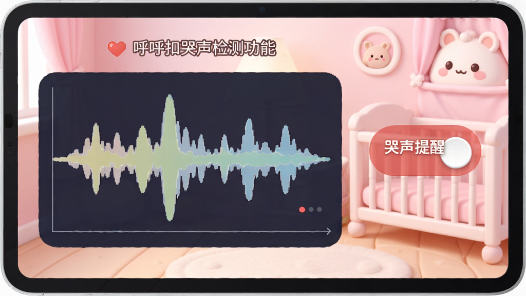 呼呼扣哭声检测功能界面,画面显示波形图与“哭声提醒”开关,背景是婴儿房,粉色色调,布局简洁,风格卡通,细节可爱,画质干净无多余元素