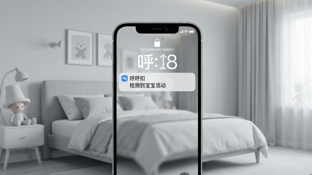 呼呼扣智能侦测通知示意图,手机锁屏界面显示“呼呼扣”推送通知,内容为“检测到宝宝活动”,背景是卧室环境,浅灰色调,布局简洁,风格现代,细节清晰,画质干净无多余元素