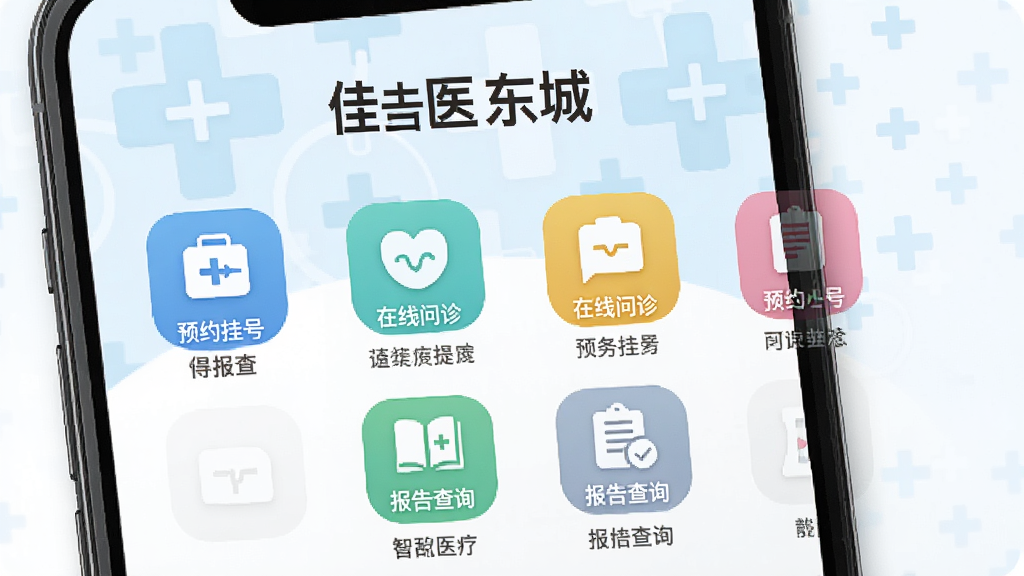 一张展示佳医东城APP在手机上运行的界面截图,主界面包含预约挂号、在线问诊、报告查询等彩色功能图标,背景为淡蓝色医疗十字图案,整体风格简洁明亮,突出智慧医疗与便捷服务,画质干净高清,无多余元素