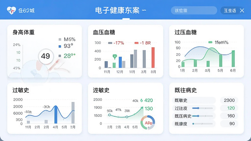 佳医东城APP电子健康档案界面,展示身高体重、血压血糖、过敏史、既往病史等数据图表,界面采用卡片式布局,图表清晰,整体风格专业且友好,画质干净无多余元素