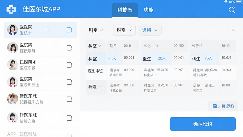 佳医东城APP预约挂号功能界面截图,展示医院列表、科室选择、医生排班表以及确认预约按钮,界面布局清晰,色彩以蓝色和白色为主,突出便捷与高效,画质干净无多余元素