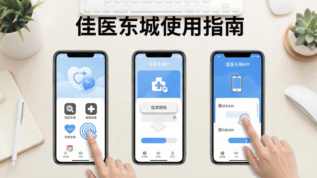佳医东城APP使用教程示意图,展示手机操作步骤,包含点击图标、滑动屏幕等动作,背景为简约桌面,配以文字“佳医东城使用指南”,画质清晰干净