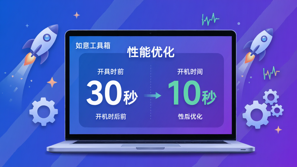 主体:一台笔记本电脑,屏幕上显示性能优化前后的对比数据,如开机时间从30秒降至10秒。布局:电脑居中,周围有火箭、齿轮等图标点缀,象征速度与优化。排版:数据用大号数字突出显示。风格:科技感插画,蓝紫色渐变背景。细节:屏幕上有“如意工具箱”和“性能优化”字样。画质:高清、干净、无多余元素。