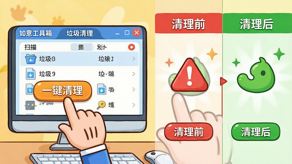 主体:电脑屏幕前,一只卡通手点击“一键清理”按钮,屏幕显示扫描出的垃圾文件列表。布局:左侧为软件窗口,右侧为清理效果对比图,左侧是“清理前”红色警示,右侧是“清理后”绿色健康。排版:界面清晰,按钮醒目。风格:卡通插画风格,色彩明亮,突出轻松易用的感觉。细节:软件窗口上有“如意工具箱”字样和“垃圾清理”模块。画质:干净、无多余元素。