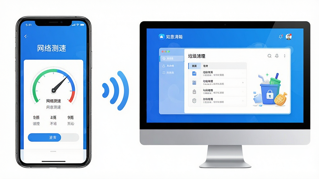 主体:一部手机和一台电脑并排,屏幕上都显示如意工具箱的界面。布局:手机在左,电脑在右,中间有无线信号图标连接。排版:界面截图清晰可见。风格:现代科技风,蓝色调。细节:手机屏幕上显示“网络测速”界面,电脑屏幕上显示“垃圾清理”界面。画质:高清、干净、无多余元素。