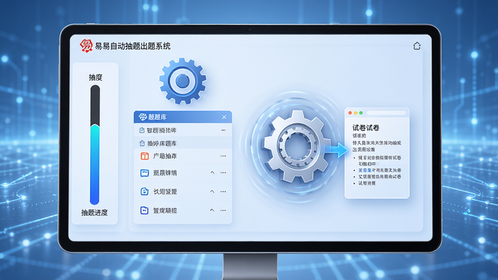 画面主体为易捷自动抽题出题系统的智能抽题引擎界面,界面中显示一个齿轮图标和题库列表,齿轮转动带动题目自动进入试卷模板,左侧有进度条显示抽题进度,背景为淡蓝色科技感光效,整体风格简约现代,细节丰富,画质清晰,干净无多余元素