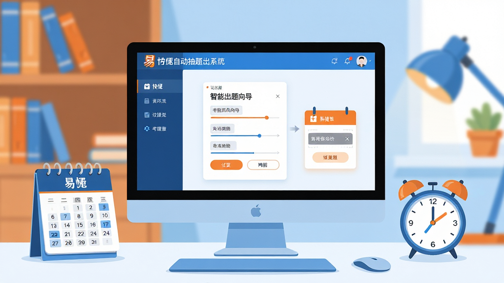 画面主体为电脑屏幕中显示易捷自动抽题出题系统的界面,界面中有一个智能出题向导正在自动生成试卷,旁边有日历和闹钟元素暗示考前冲刺,背景是整洁的书桌和书架,整体风格扁平化设计,色彩明亮清新,采用蓝色和橙色为主色调,强调功能清晰与操作便捷,画面干净无多余元素,高画质,ui设计感强