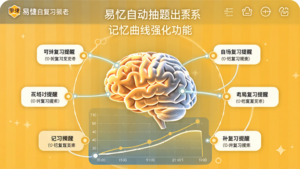 画面主体为易捷自动抽题出题系统的记忆曲线强化功能界面,界面中有一个大脑图形和曲线图表,大脑周围有节点连接不同时间点的复习提醒,背景为暖黄色渐变,风格简洁明快,突出记忆与复习主题,画质细腻,干净无多余元素