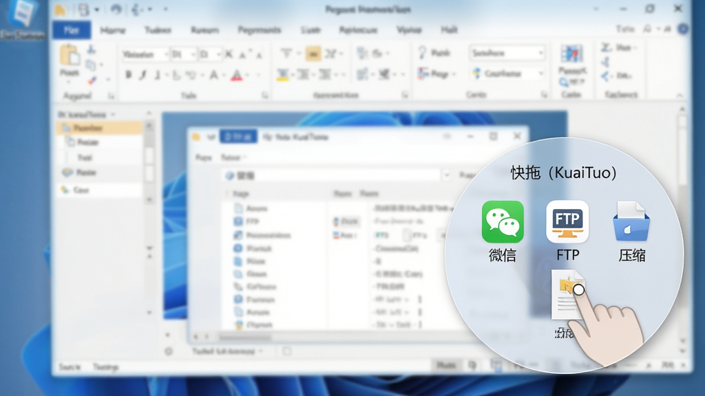 一张电脑桌面截图,右下角悬浮着“快拖(KuaiTuo)”的半透明圆形悬浮窗,悬浮窗上排列着“微信”“FTP”“压缩”等图标,用户正拖拽一个文件到悬浮窗上,背景为模糊的办公软件窗口,整体风格清爽,细节清晰,画质高清,无多余元素