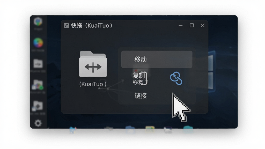 一张动态效果图,展示用户用鼠标将文件图标拖拽到“快拖(KuaiTuo)”悬浮窗上的过程,悬浮窗显示“移动”“复制”“链接”三个选项,背景为深色桌面,鼠标指针清晰可见,画面干净,细节丰富,画质高清,无多余元素