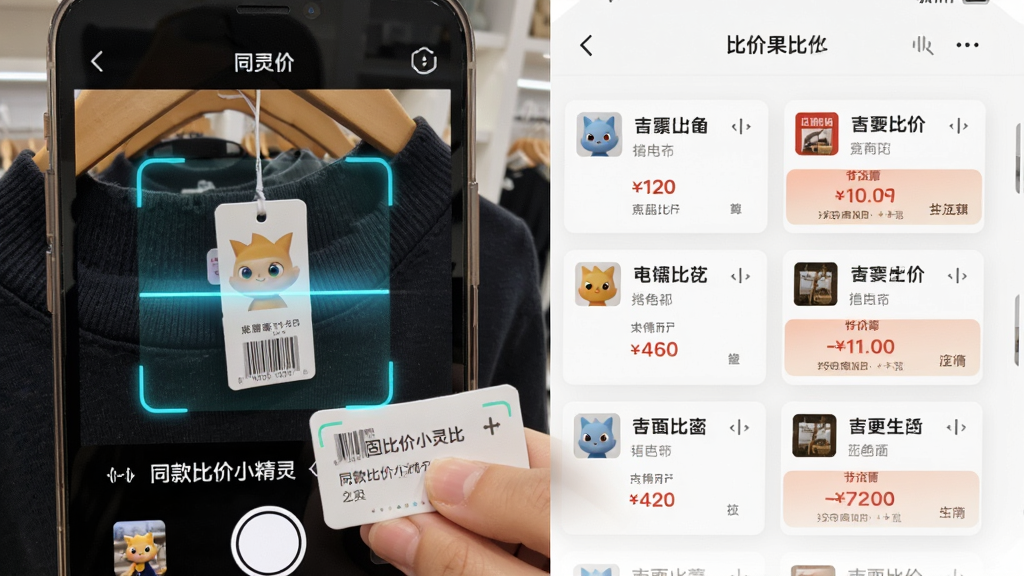 ��������Ϊ��ͬ��ȼ�С���顱ɨ����Ʒ��ǩ�Ľ��棬�ֻ�����ͷ��׼һ���·��ĵ��ƣ���Ļ�и��ֶ������ƽ̨�ļ۸�Աȿ�Ƭ������Ϊ���ҷ��������Ϊɨ��ʵ�Ļ��棬�Ҳ�Ϊ�ȼ۽���б����Ű����������дʵ���UI���棬ϸ�ڰ���ɨ���Ч��۸������������ʸɾ��޶���Ԫ��