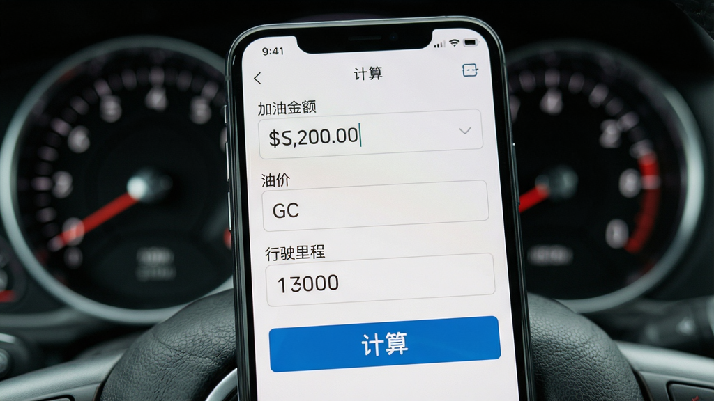 主体为手机屏幕特写,屏幕中清晰显示油耗计算工具的界面,包含“加油金额”、“油价”、“行驶里程”三个输入框和醒目的“计算”按钮,背景为模糊的汽车仪表盘,布局采用居中构图,排版简洁,风格写实,细节包括屏幕上数字清晰可见,画质高清,干净无多余元素。