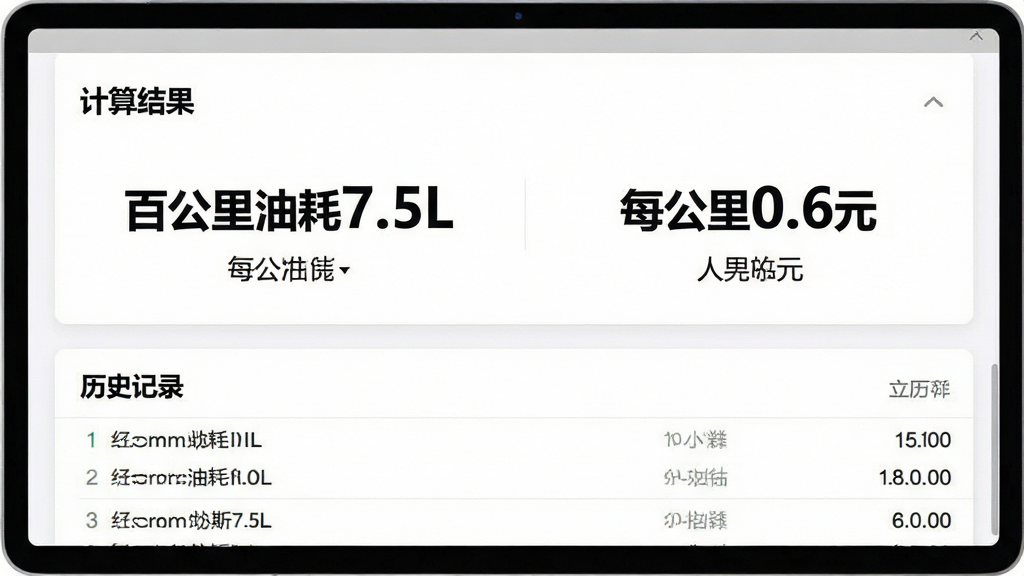 主体为油耗计算工具软件界面截图,展示“计算结果”页面,包含“百公里油耗7.5L”、“每公里0.6元”等数据,背景为简洁的白色卡片,布局上方为数据展示区,下方为历史记录列表,排版清晰,风格扁平化,细节数据字体加粗,画质干净无多余元素。