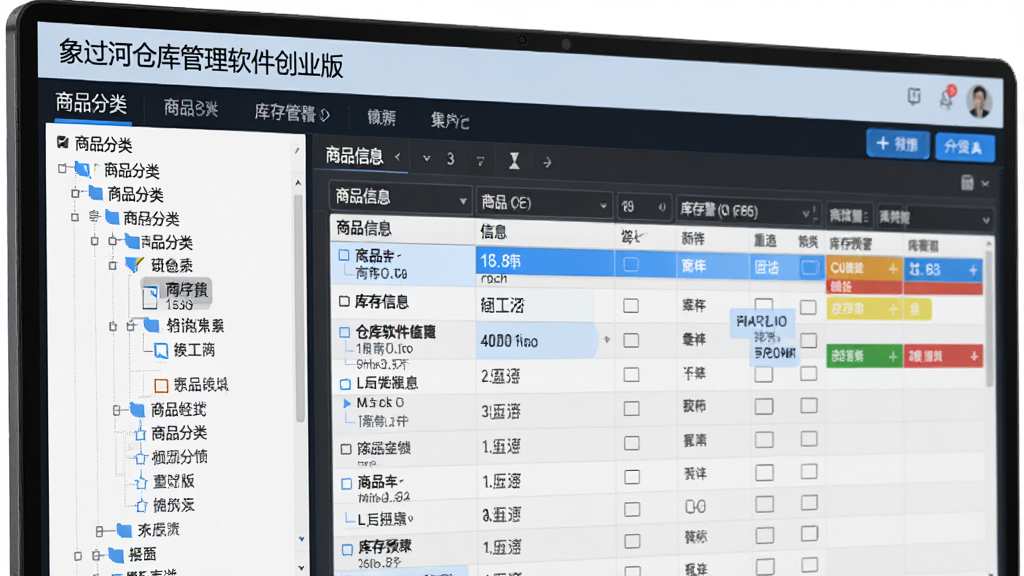 展示“象过河仓库管理软件创业版”商品管理功能界面的特写,屏幕上显示有商品分类树状图、商品信息表格、库存预警颜色标记,界面设计直观,使用蓝色高亮显示关键数据,整体风格商务且现代,画质精细,排版有序,干净无多余元素。