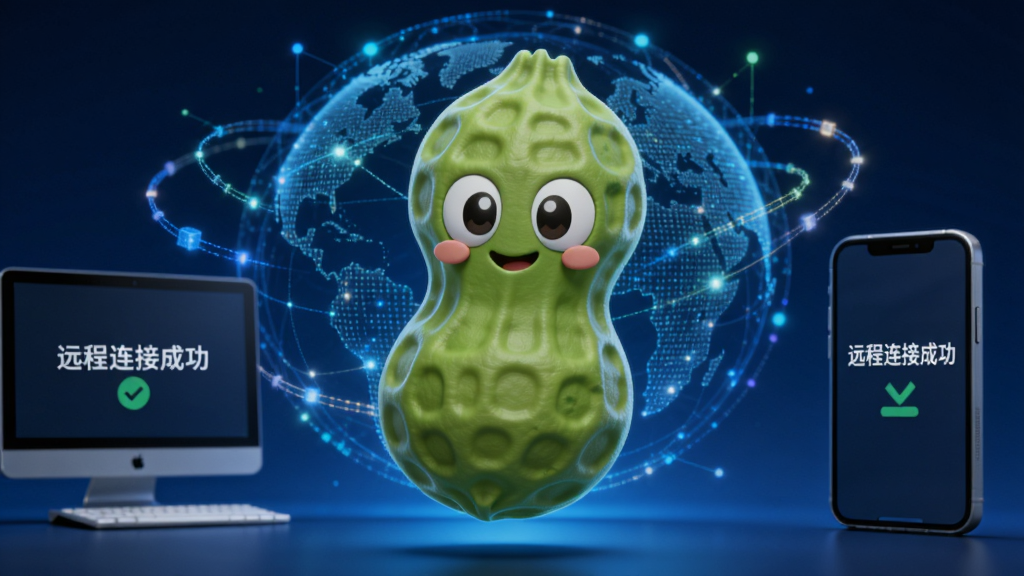 高清数字科技感风格,画面中央悬浮一个绿色花生壳造型的3D卡通吉祥物,外壳纹理清晰,身后是虚拟网络地球与发光数据链路,左右两侧分别呈现电脑和手机屏幕,屏幕上显示“远程连接成功”字样,整体布局对称,背景深蓝色渐变,光效通透,画质细腻干净,无多余文字